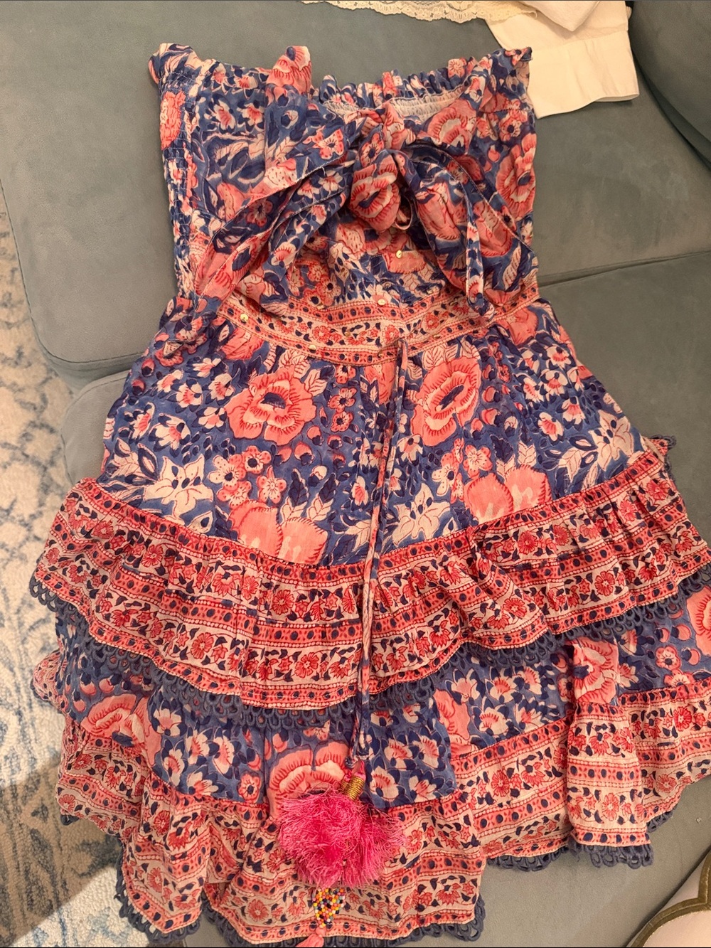 HUNTER BELL Girls Floral Tiered Dress - Blue & Coral Pink
